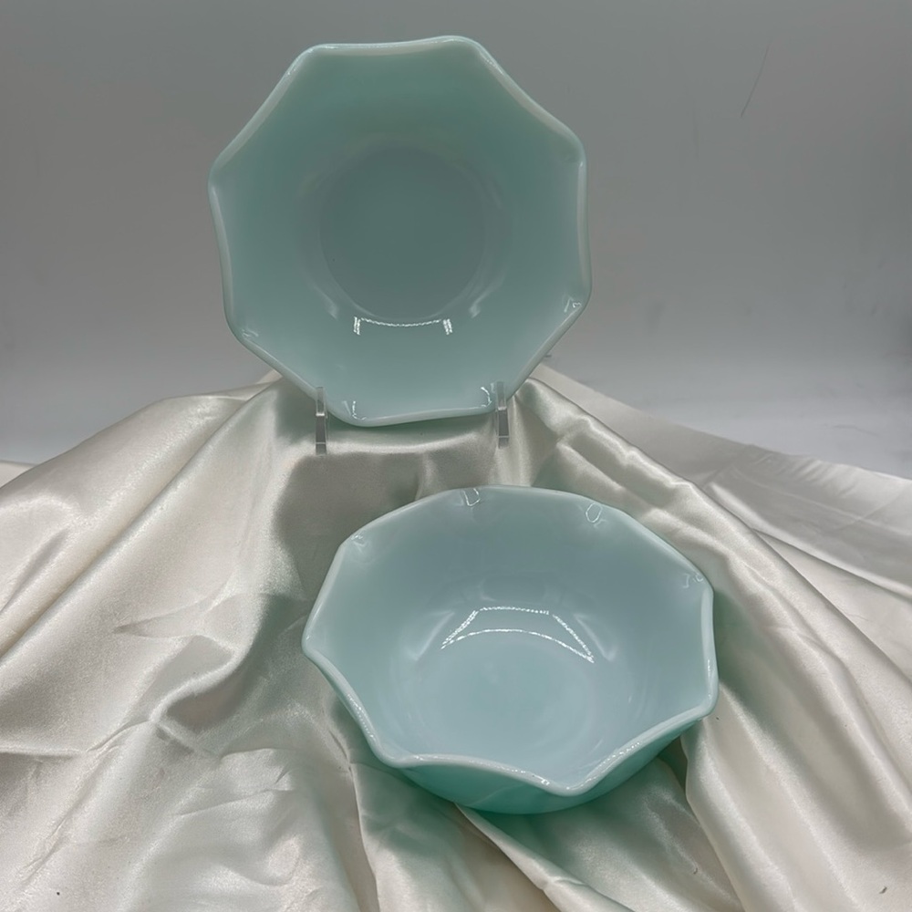 2 Hazel Atlas scalloped side bowls. White milk glass with turquoise exterior
